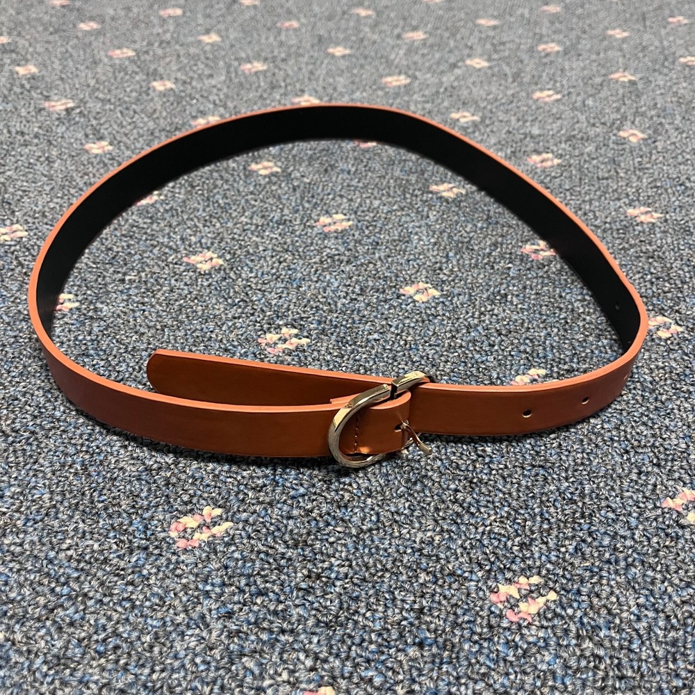 Cognac Brown Faux Leather Belt Gold D-Ring Buckle Women Small Vegan Polyurethane